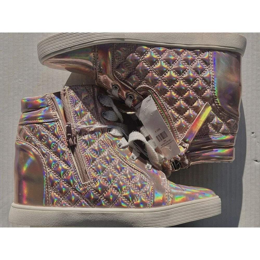 New Justice Rose Gold Holographic Quilted Wedge High Top Sneakers Girls Size 8